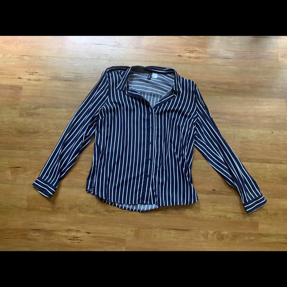 H&M navy and white striped button up blouse